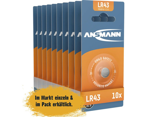 Vy över tio Ansmann LR43 alkaliska batterier