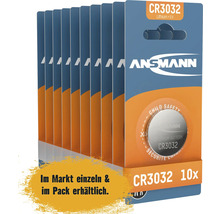 Förpackning med tio Ansmann CR3032 litiumbatterier med 3V