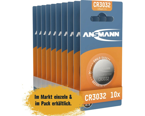 Förpackning med tio Ansmann CR3032 litiumbatterier med 3V