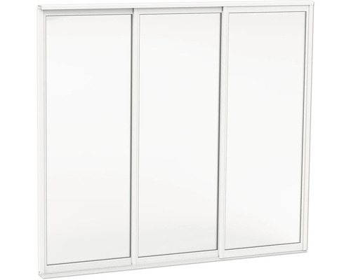 Tredelat skjutdörrssystem med vit ram för garderober eller som rumsavdelare.