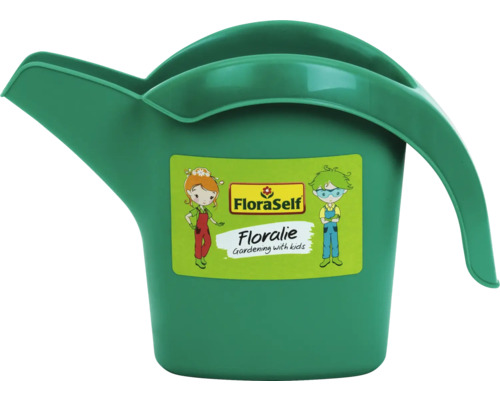 Grön vattenkanna i plast för barn med FloraSelf Logo.