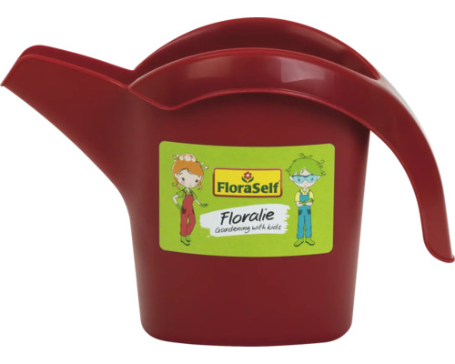 Liten röd vattenkanna i plast för barn från FloraSelf Floralie med pip och handtag.