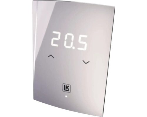 Digital rumstermostat med touchkontroll, digital temperaturdisplay som visar 20,5 grader, pilsymboler och LK Logo.