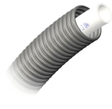Grått flexibelt korrugerat rör med ett vitt innerrör av plast.