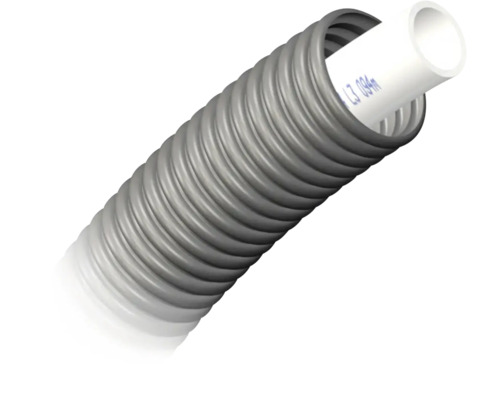Grått flexibelt korrugerat rör med ett vitt innerrör av plast.