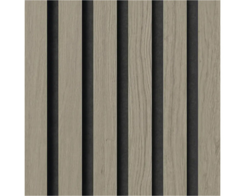 Akustikpanel med vertikala träribbor och synlig träådring.