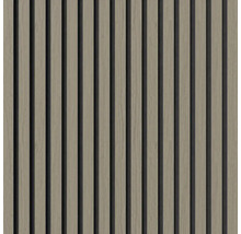 Akustikpanel med vertikala träribbor och naturlig träådra för väggdekoration.