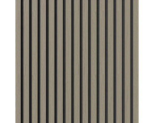 Akustikpanel med vertikala träribbor och naturlig träådra för väggdekoration.