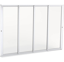 Skjutdörrssystem 4 delar med vit ram och vita paneler.