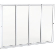 Fyrdelad skjutdörr med vit profil och glasrutor.