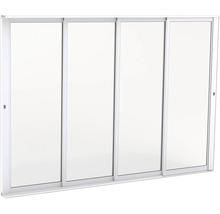 Fyrdelad skjutdörr av glas med smal vit ram.