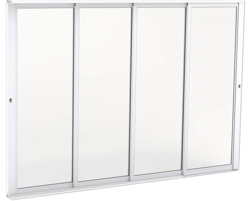 Fyrdelad skjutdörr av glas med smal vit ram.