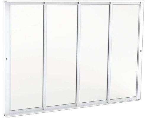 Fyrdelad skjutdörr med vit profil och glasrutor.