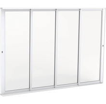 Fyrdelad skjutdörr med vit ram och stora glasytor.