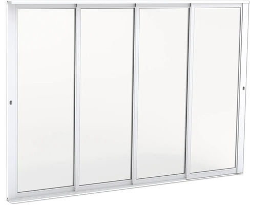 Fyrdelad skjutdörr med vit ram och stora glasytor.