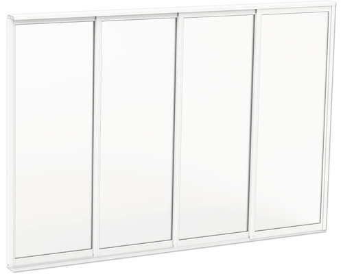 Vit skjutdörr med fyra paneler och smal ram.