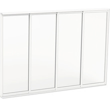 Vitt skjutdörrssystem med fyra paneler och en smal ram.