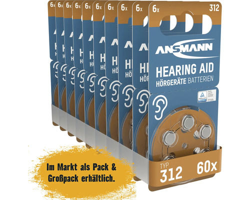 Tio Ansmann hörapparatsbatterier typ 312 med sex batterier vardera