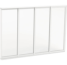 Vitt skjutdörrssystem med fyra paneler och smal ram för garderober eller rumsavdelare.