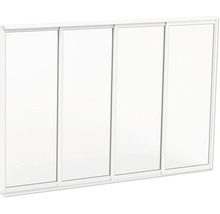 Skjutdörrskit med fyra vita dörrar med smal ram för garderober eller nischer.