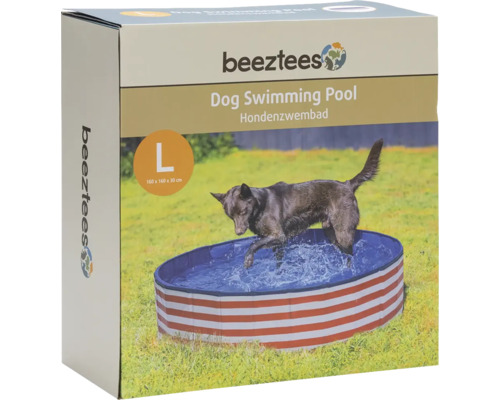 Bezztees hundpoolförpackning med hund som hoppar i poolen