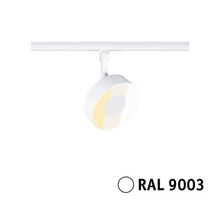 Skenbelysning spotlight signalvit RAL 9003, runt platt lamphuvud på skena.