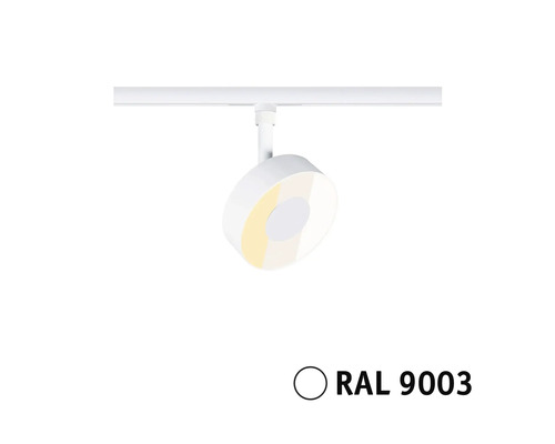 Skenbelysning spotlight signalvit RAL 9003, runt platt lamphuvud på skena.