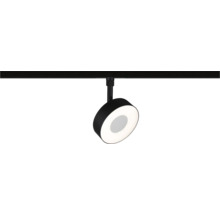 Svart rund LED-skenspotlight med ringformad ljusöppning på en svart monteringsskena