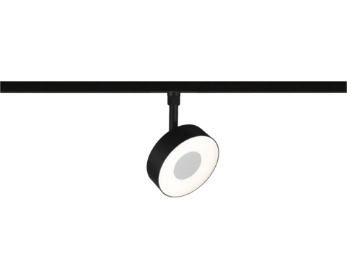 Svart rund LED-skenspotlight med ringformad ljusöppning på en svart monteringsskena