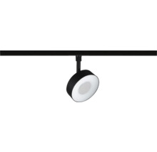 Svart LED-spotlight för skensystem med ett runt, ringformat lamphuvud.