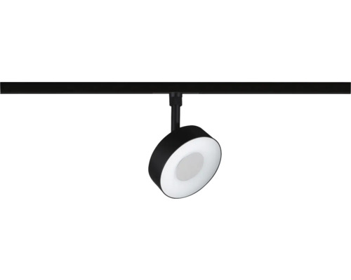 Svart LED-spotlight för skensystem med ett runt, ringformat lamphuvud.