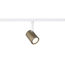 Spotlight för skensystem med cylindriskt huvud i brons och vit adapter.