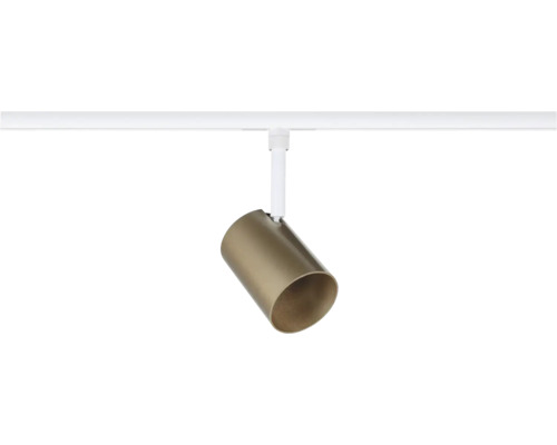 Cylindrisk spotlight för skensystem i metall brons med vit adapter.