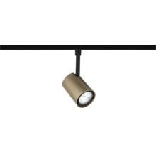 Cylindrisk sken-spotlight i mässingslook med svart ledad arm.