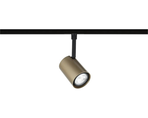Cylindrisk sken-spotlight i mässingslook med svart ledad arm.