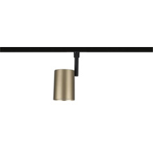 Modern spotlight för skensystem med ett cylindriskt lamphuvud i metall med guldfinish på en svart skena.