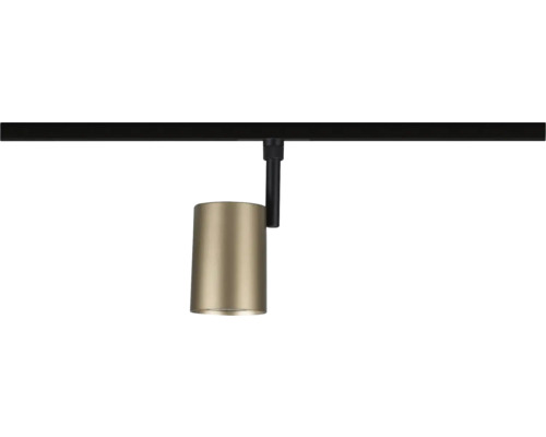 Modern spotlight för skensystem med ett cylindriskt lamphuvud i metall med guldfinish på en svart skena.