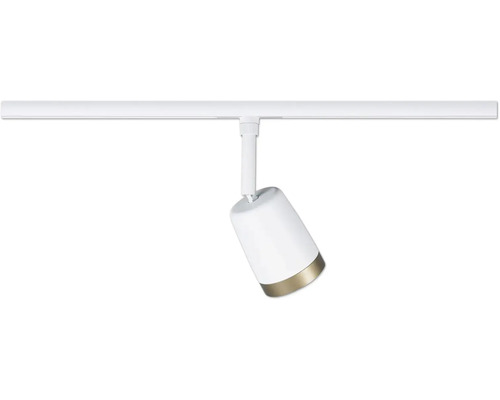 Spotlight för skensystem i vitt med guldfärgad detalj för modern inomhusbelysning.