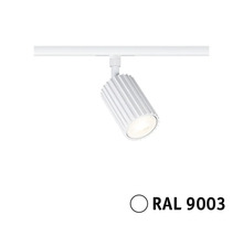 LED-skenspotlight i signalvit RAL 9003 med räfflad yta på en strömskena.