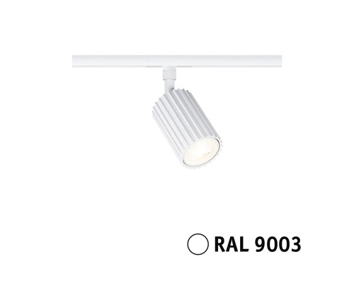 LED-skenspotlight i signalvit RAL 9003 med räfflad yta på en strömskena.