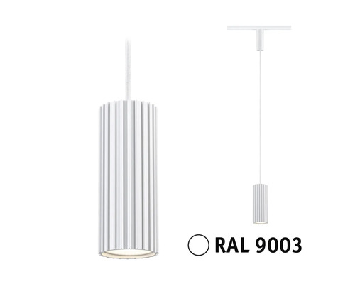 Cylindrisk pendellampa med räfflad yta, signalvit RAL 9003, med smal upphängning och skenadapter.