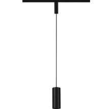 Svart pendellampa för skensystem med cylindrisk räfflad skärm och tunn kabel.