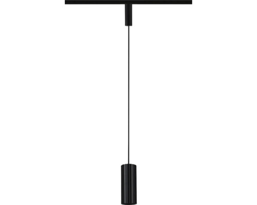 Svart pendellampa för skensystem med cylindrisk räfflad skärm och tunn kabel.