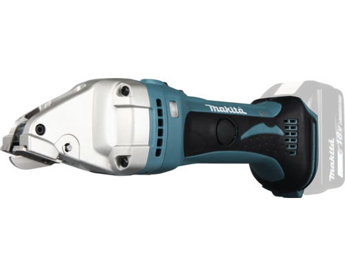 Makita sladdlös plåtsax 18 Volt, blå-svart hölje med silverfärgat klipphuvud i metall och gummerat grepp.
