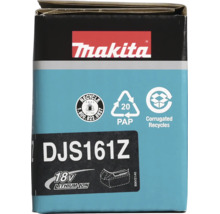 Makita Logo. Produktförpackning för modell DJS161Z, 18 Volt Lithium-Ion. Återvinningssymboler för Lithium-Ion-batterier och wellpapp.
