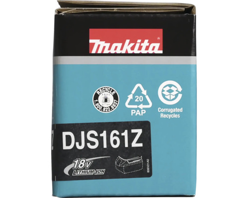 Makita Logo. Produktförpackning för modell DJS161Z, 18 Volt Lithium-Ion. Återvinningssymboler för Lithium-Ion-batterier och wellpapp.
