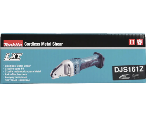 Makita Logo, sladdlös plåtsax LXT DJS161Z för 18 Volt litiumjonbatterier på produktförpackningen.