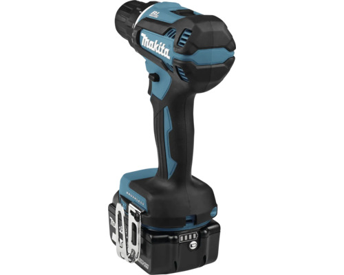 Makita batteridriven borrskruvdragare med borstlös motor, ergonomiskt grepp, bältesklämma och batteri med laddningsindikator.