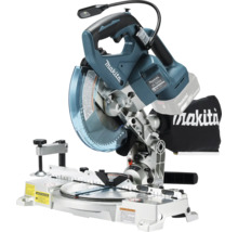 Makita batteridriven kap- och gersåg med 18 Volt batteri, dammpåse och LED-arbetsbelysning på ett metallfäste.