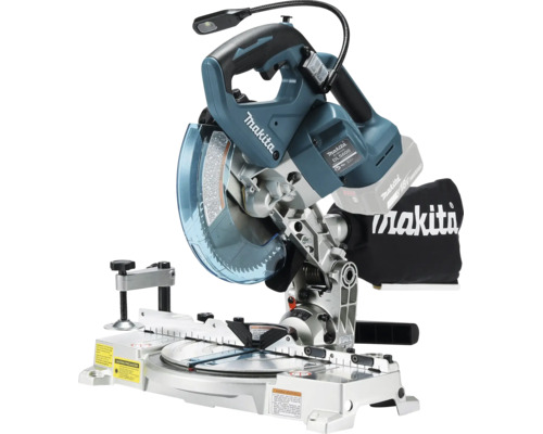 Makita batteridriven kap- och gersåg med 18 Volt batteri, dammpåse och LED-arbetsbelysning på ett metallfäste.